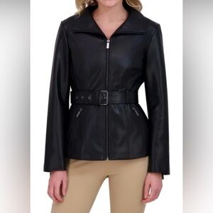 Kenneth Cole Faux Leather Jacket (Size XXL) Black NEW buttery soft Belted coat